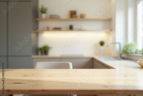 Clean Wooden Table with Blurred Contemporary Kitchen Interior, Bright Minimal Background with Copy Space
