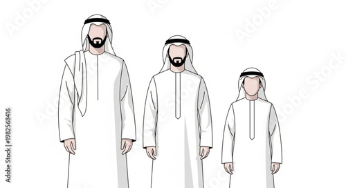 Three Arab men in traditional white clothing, standing together.