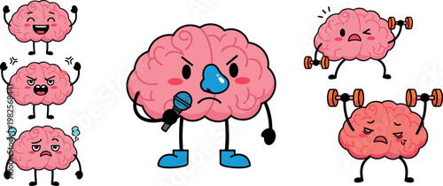 Cartoon Brain Set with Various Emotions, Fitness Struggles, and Motivational Expressions for Educational, Health, and Fun Designs