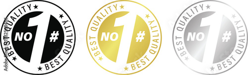 Oval seal with BEST QUALITY text. Gold, Silver, Bronze Circular Vector with Number One Silhouette for Icons, Logos, Stickers, Seals & Badges