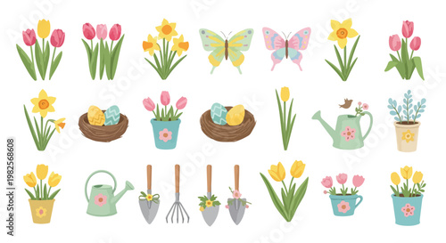 A vibrant collection of spring and Easter themed illustrations featuring blooming flowers, delicate butterflies, nests, and gardening tools.