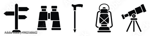 Outdoor adventure and exploration icons including a signpost binoculars walking stick lantern and telescope for travel and camping themed graphic applications