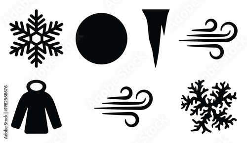 Diverse winter weather and cold climate graphic icons featuring intricate snowflakes, strong wind, a sharp icicle, a protective winter coat, and a symbolic cold moon, ideal for seasonal