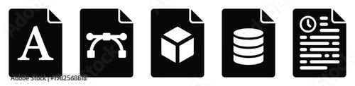 Diverse digital file icons representing various data types from text and vector graphics to three dimensional models, databases, and logs, perfect for software interfaces, data management