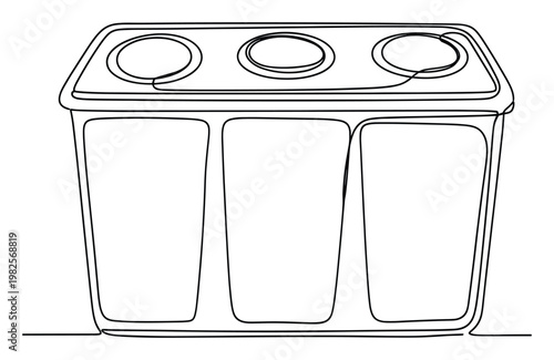 Simple line drawing of a threecompartment recycling bin, ideal for environmental concepts, waste sorting presentations, and sustainable lifestyle projects promoting responsible garbage