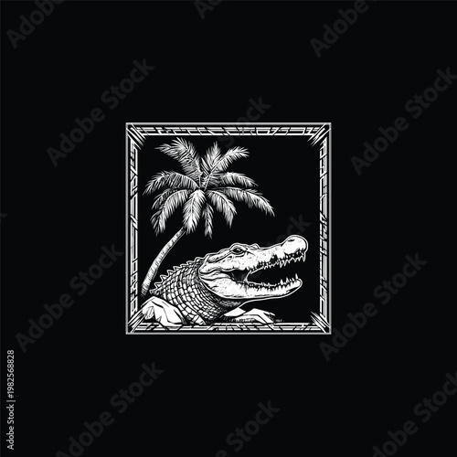illustration featuring an alligator's head with an open mouth and sharp teeth, set against a single palm tree