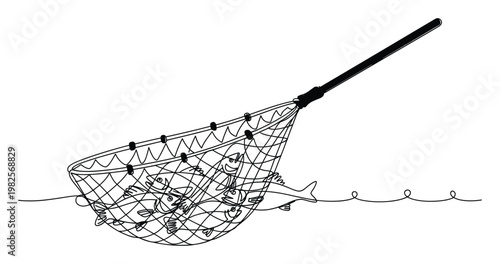 Continuous single line drawing of a full fishing net filled with freshly caught fish being pulled from the water, symbolizing success and abundance for marine and fishing industry promotions