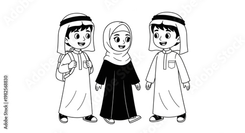 Three children in traditional Arab clothing smiling and looking forward.