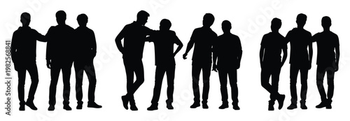 Silhouettes of diverse groups of young men standing together portraying friendship and camaraderie useful for representing social gatherings and community concepts in visual media