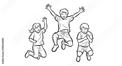 Three Children Joyfully Jumping in the Air.