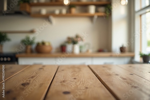 Brown Wooden Tabletop with Blurred Home Kitchen Background, Cozy Atmosphere in Natural Daylight