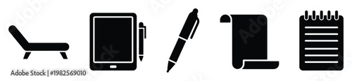 Versatile collection of essential stationery office and relaxation icons including a recliner tablet with stylus pen rolled paper and spiral notebook perfect for various digital projects.