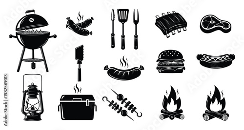 Assortment of grilling and barbecue icons including a classic grill tools various meats sausages hot dog hamburger campfire lantern and cooler for outdoor cooking themes