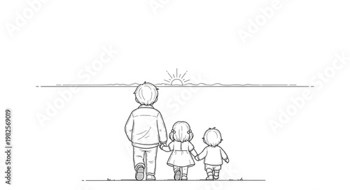 Three Children Standing Together Looking Up.