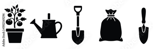 Essential gardening tools and a potted tomato plant silhouette for horticulture projects, farming guides, and home garden supplies documentation