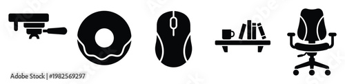 Illustrative collection of daily essentials featuring an espresso coffee machine, sweet donut, computer mouse, bookshelf with cup, and ergonomic office chair for modern lifestyle designs.