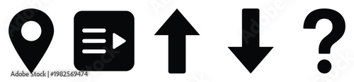 Modern black glyph icons set showcasing a location pin, send message symbol, up arrow, down arrow, and question mark, perfect for contemporary web and mobile user interface designs.