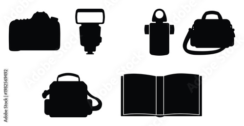 Essential photography equipment silhouettes including camera body external flash light metering device and various bags alongside an open book useful for educational materials and