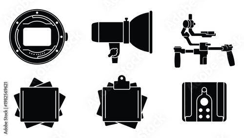 Professional photography and videography studio equipment icons suitable for creative industry website graphics marketing materials and instructional design resources