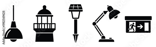 Collection of modern and classic lighting fixtures including a pendant lamp, lighthouse, solar garden light, adjustable desk lamp, and emergency exit sign for various illumination and