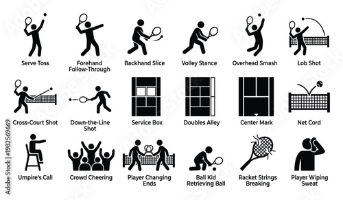 Comprehensive collection of essential tennis game actions, court markings, and player activities depicted in simple silhouette icons for sports graphic design and instructional materials