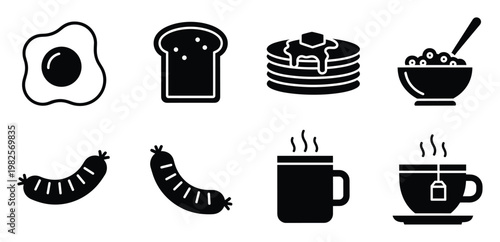 Breakfast food and drink glyph icons collection for morning meal menus, restaurant signage, recipe apps, and healthy eating blogs showcasing popular brunch items