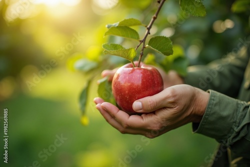 Close-Up of Hands Harvesting Fresh Apples in Orchard with Natural Light and Bokeh Background