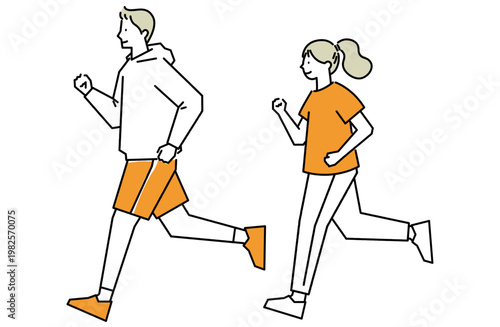 健康的なライフスタイルやトレーニング習慣を象徴する、爽やかな男女のランニングシーンを描いた線画イラスト