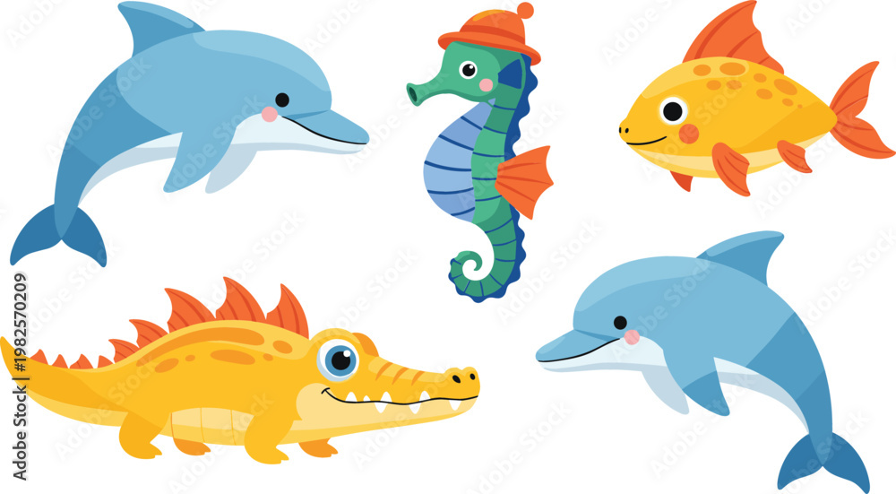 Fototapeta premium Cute Sea Animal Collection with Dolphin, Seahorse, Fish and Crocodile in Cartoon Style, Colorful Marine Wildlife Illustration for Kids Design and Educational Projects
