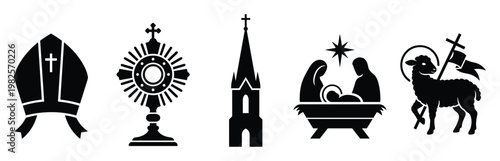 Significant Christian religious symbols including miter, monstrance, church spire, nativity scene, and Agnus Dei, ideal for spiritual education and faithbased graphic design resources.