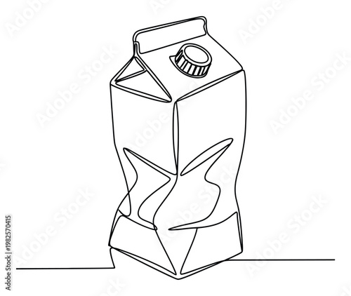 Continuous line drawing of a crumpled milk or juice carton with a cap, perfect for minimalist food packaging themes or environmental reuse and recycling projects