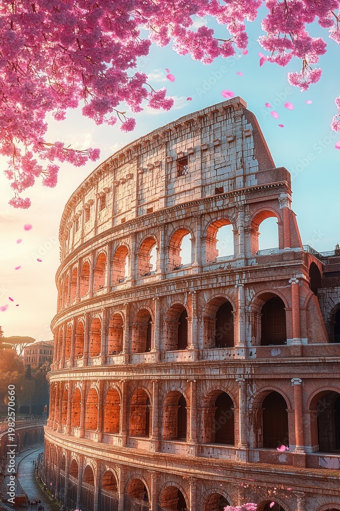 Obraz premium Serene sunlit ancient stone amphitheater at golden hour framed by pink cherry blossoms and falling petals