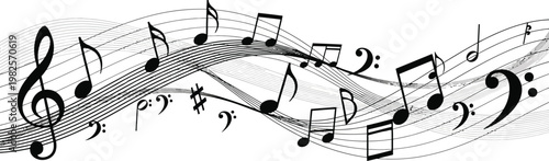 Musical Notes Floating on Wavy Lines Isolated on White