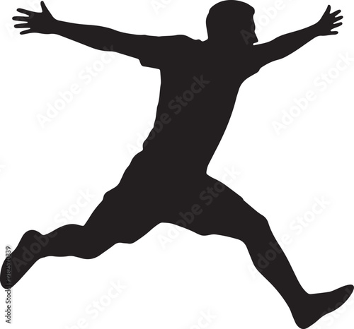 Dynamic dark silhouette vector illustration of a person leaping with arms outstretched, symboli