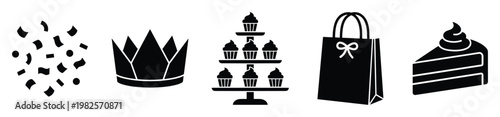 A collection of festive party celebration icons featuring falling confetti, a regal crown, a tiered cupcake stand, a present gift bag, and a delicious slice of cake for various event and
