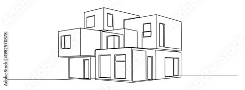 Architectural line drawing of a contemporary modular building design composed of stacked geometric blocks for construction, urban planning, or conceptual project visualization.