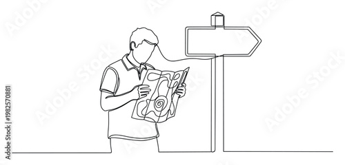 Young man standing, intently studying a folded paper map beside a blank directional signpost, representing journey planning, navigation, and making travel decisions for exploration.
