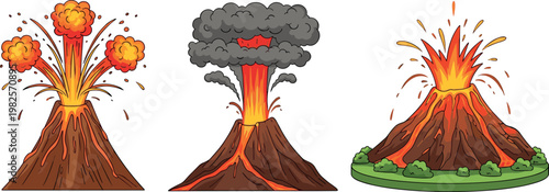 Cartoon volcano eruption illustrations with explosive lava bursts ash clouds and active mountains isolated on white background for disaster design