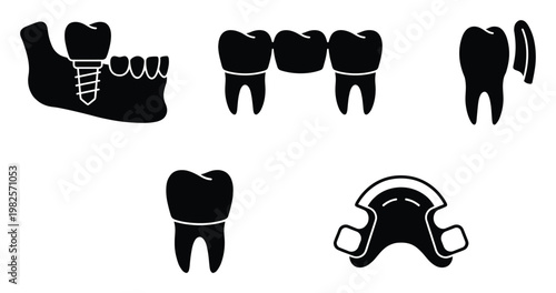 Diverse dental treatments and oral health solutions featuring implants, bridges, veneers, natural teeth, and removable prosthetics for dental education, clinic marketing, and professional