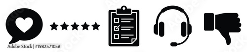 Comprehensive collection of customer experience and feedback icons including love, star rating, checklist, customer support headset, and dislike gesture for business surveys and user