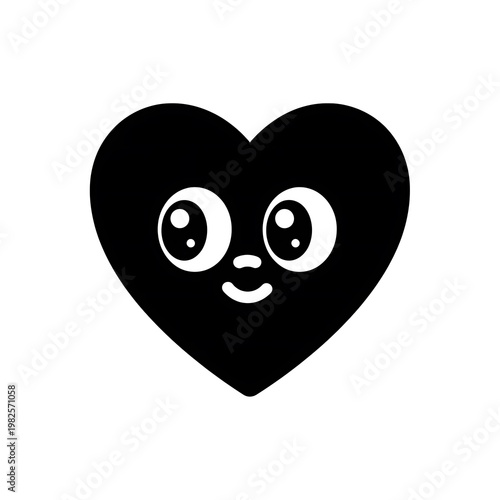 A cute solid black heart with large cartoon eyes and a sweet smile.