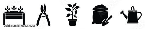 Collection of essential gardening items and plant care tools depicted as clear black glyph icons ideal for web pages, print materials, and informational graphics