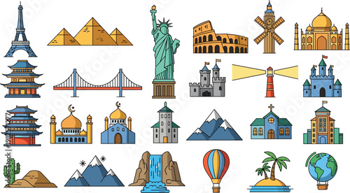World Landmarks and Travel Icons Vector Set Featuring Eiffel Tower Taj Mahal Statue of Liberty and More