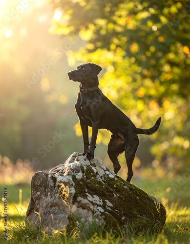 A sleek, black canine stands confidently atop a mossy boulder, bathed in golden sunlight. The background is a soft blur of foliage