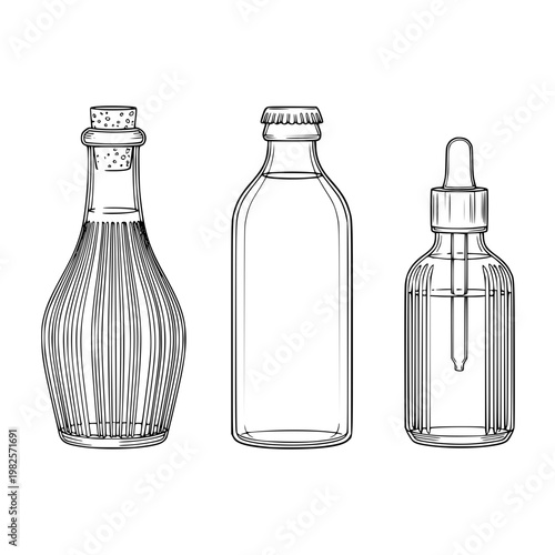 Three glass bottles with different shapes and caps Vector, illustration
