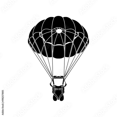 A black parachute with lines and a harness Vector, illustration