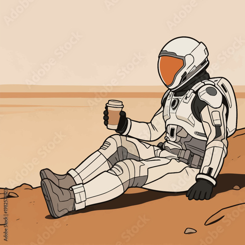 Astronaut Relaxing on Martian Landscape with Coffee