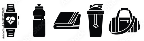 Smartwatch with heart rate monitor, sports water bottle, folded towel, protein shaker, and gym duffel bag essential fitness equipment icons for health and active lifestyle graphic resources