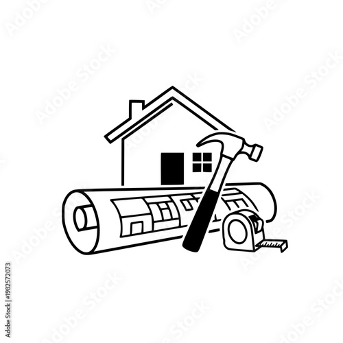 A house with a hammer and blueprint Vector, illustration
