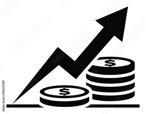 Black silhouette showing monetary gain with a dynamic growth arrow and increasing coin stacks representing positive financial outcomes and market prosperity for corporate communications.